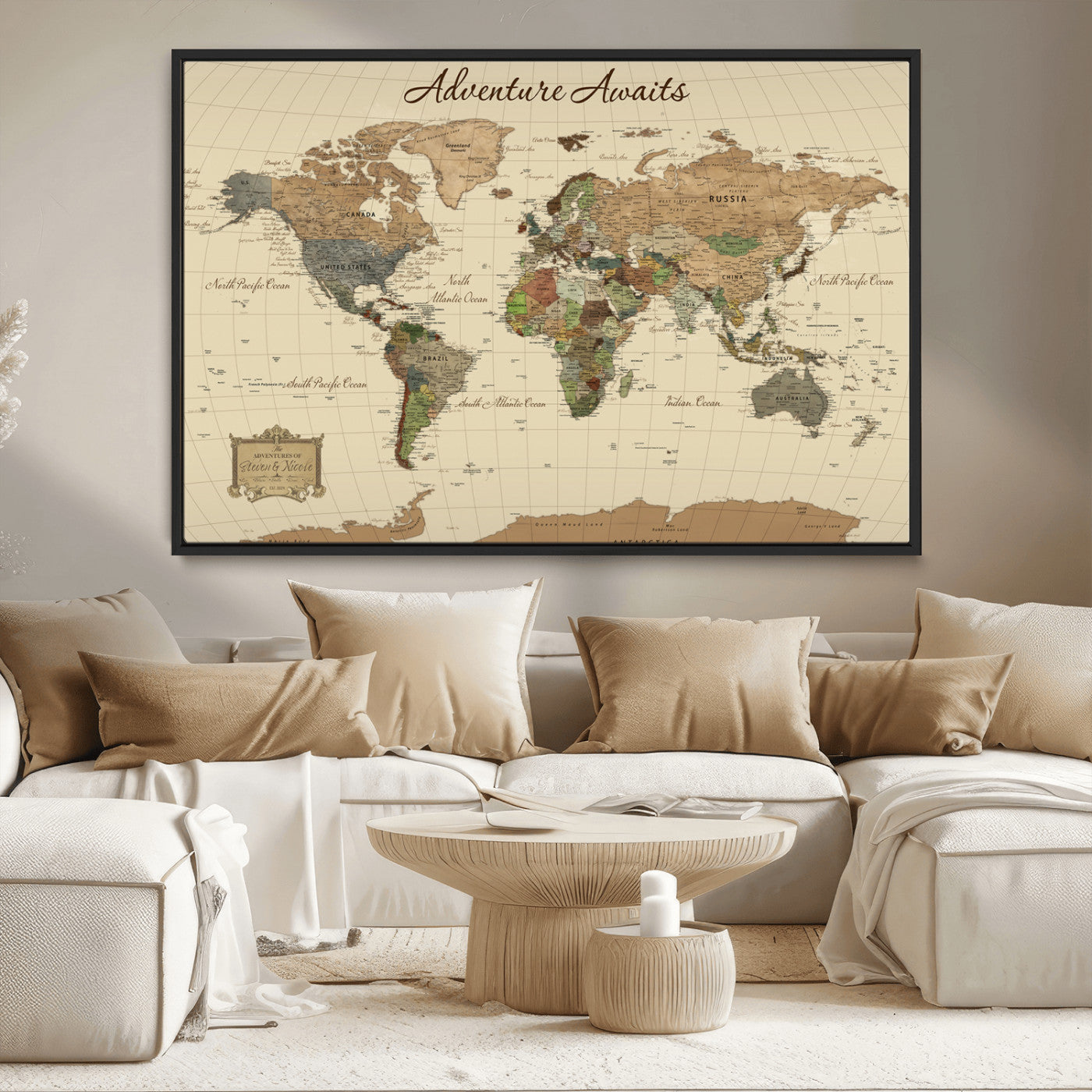31875069-MGV-CV-36X24-Custom Push Pin World Map Wall Canvas Print – Personalized Travel Tracker with Pins – Framed Custom Quotie Canvas for Home Office Decoration