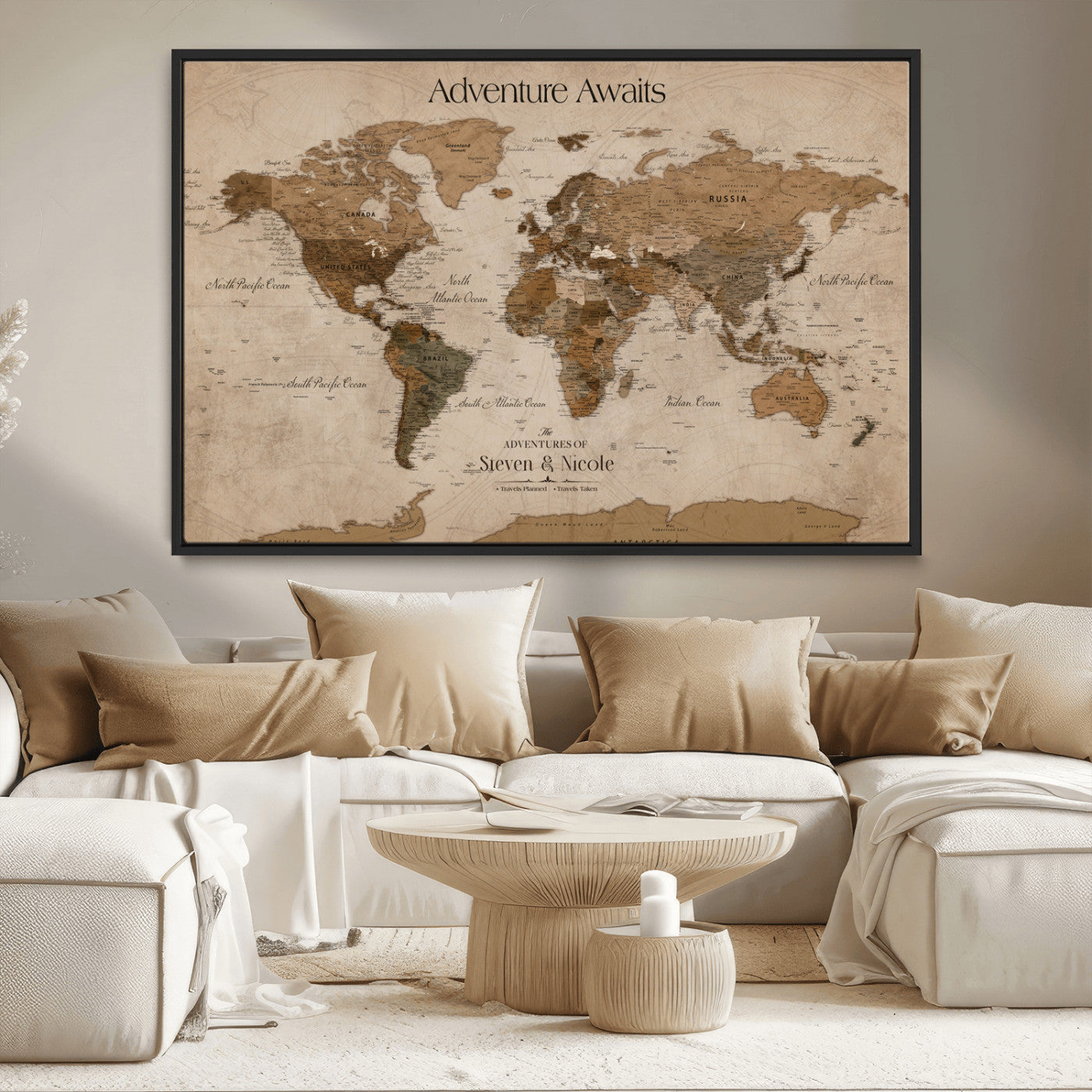 MGV-FC-36X24 - Custom Push Pin World Map Wall Canvas Print – Personalized Travel Tracker with Pins – Framed Custom Quotie Canvas for Home Office Decor
