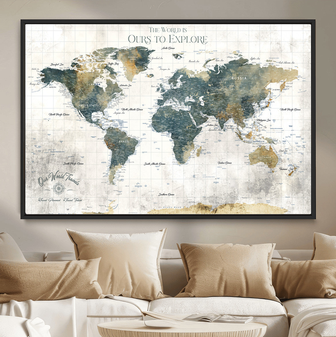 14988581-MGV-FC-36X24 - Custom Push Pin World Map Wall Canvas Print – Personalized Travel Tracker with Pins – Framed Custom Quotie Canvas for Home Office Decor