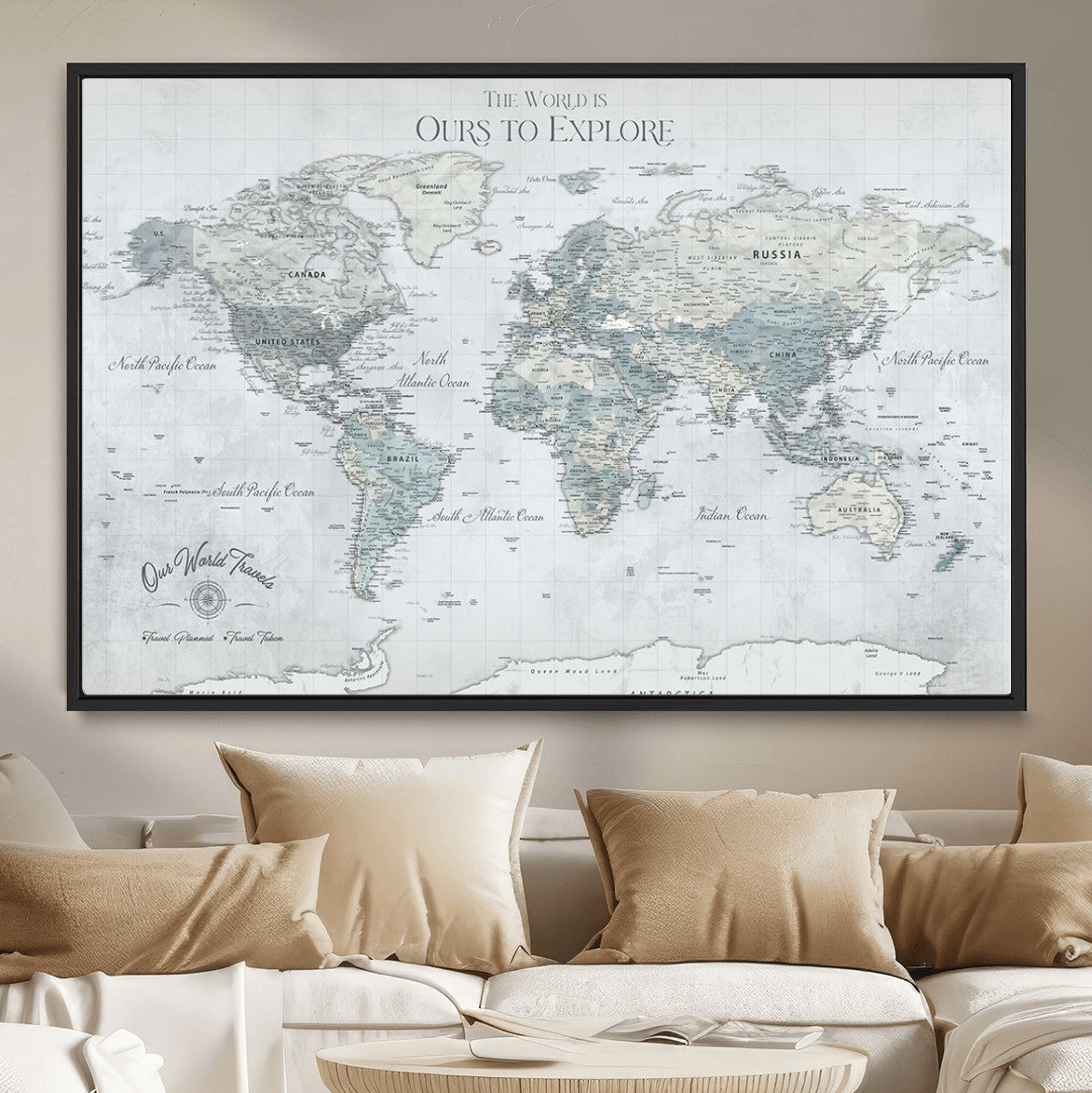 73654056-MGV-FC-36X24 - Personalized Push Pin World Map Canvas Print – Custom Framed Travel Tracker Artwork for Couples or Home Decor