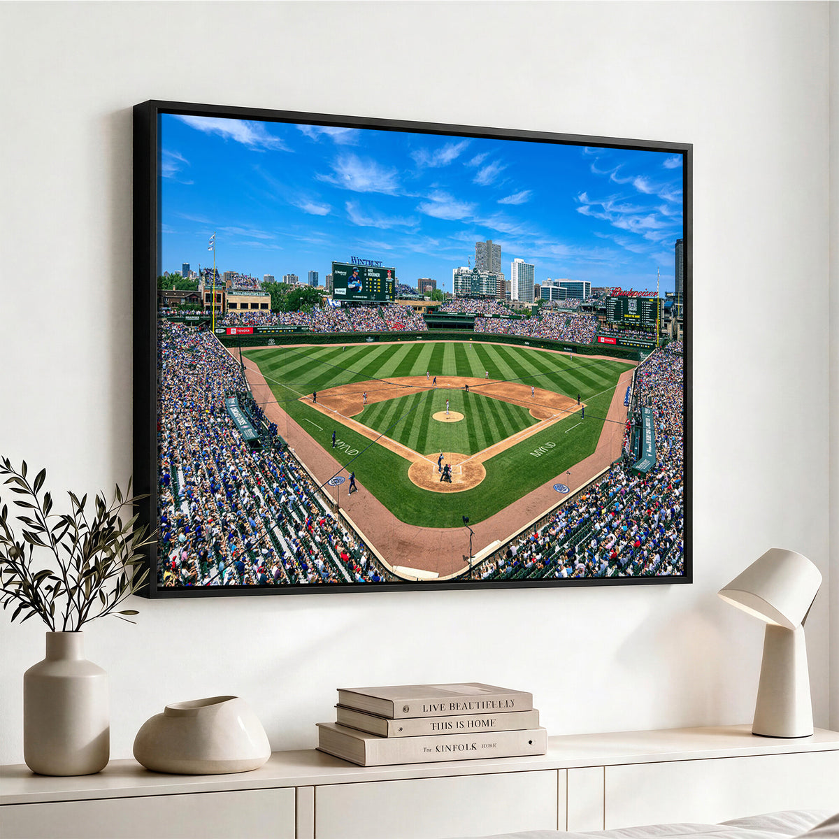 35800083-MGV-CV-36X24 - Wrigley Field Baseball Stadium Canvas Wall Art – Packed Crowd Sports Stadium City Skyline Artwork for Home Office