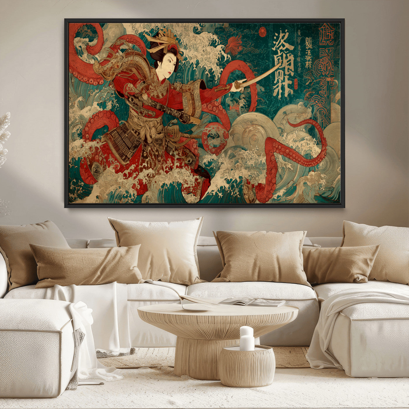MGV-FC-36X24 - Tsukioka Yoshitoshi Samurai Wall Art Print, Japanese Katana Warrior Canvas Wall Art, Octopus Sea Monster Canvas Print,