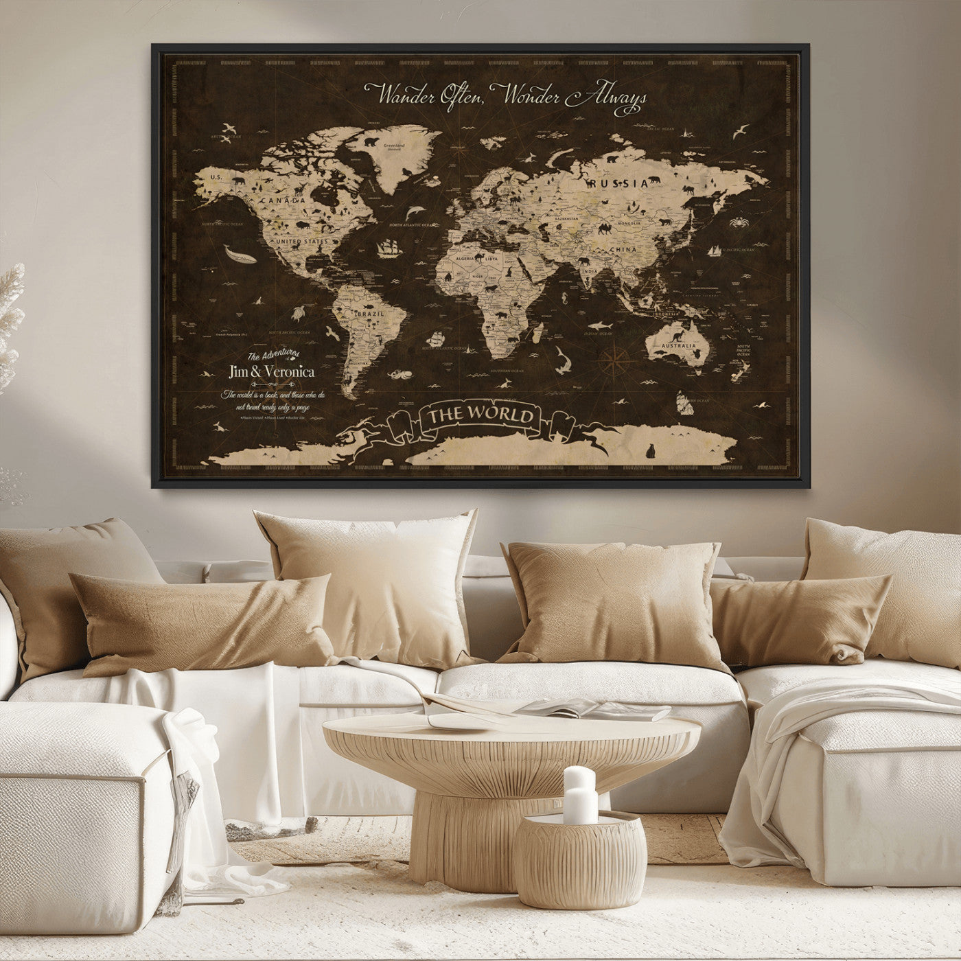 47004909-MGV-CV-36X24-Customize Push Pin World Map Wall Art Canvas Print – Personalized Map for Kids Room – Framed Custom Animal Map for Stady Room Decor