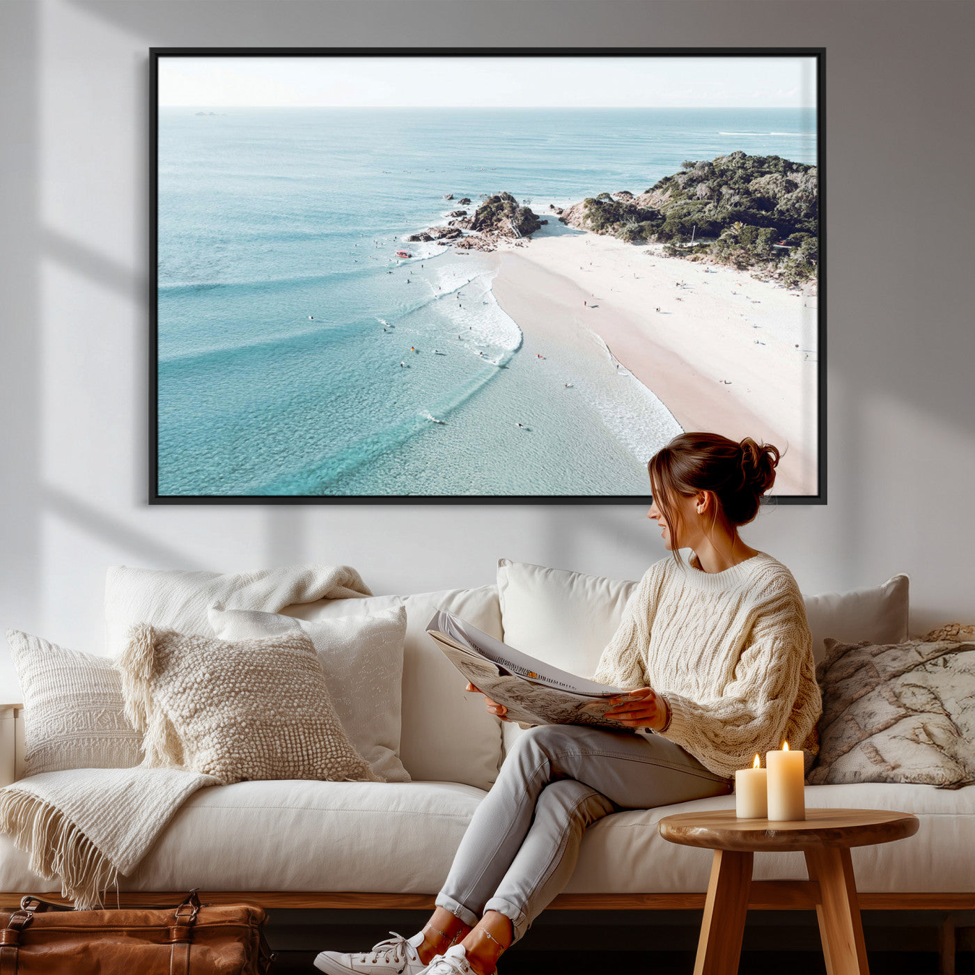 79395467-MGV-CV-36X24 - Aerial Beach Wall Art Canvas Print, Coastal Ocean Waves and Surfers Scenic Seaside Artwork for Home, Office Decor