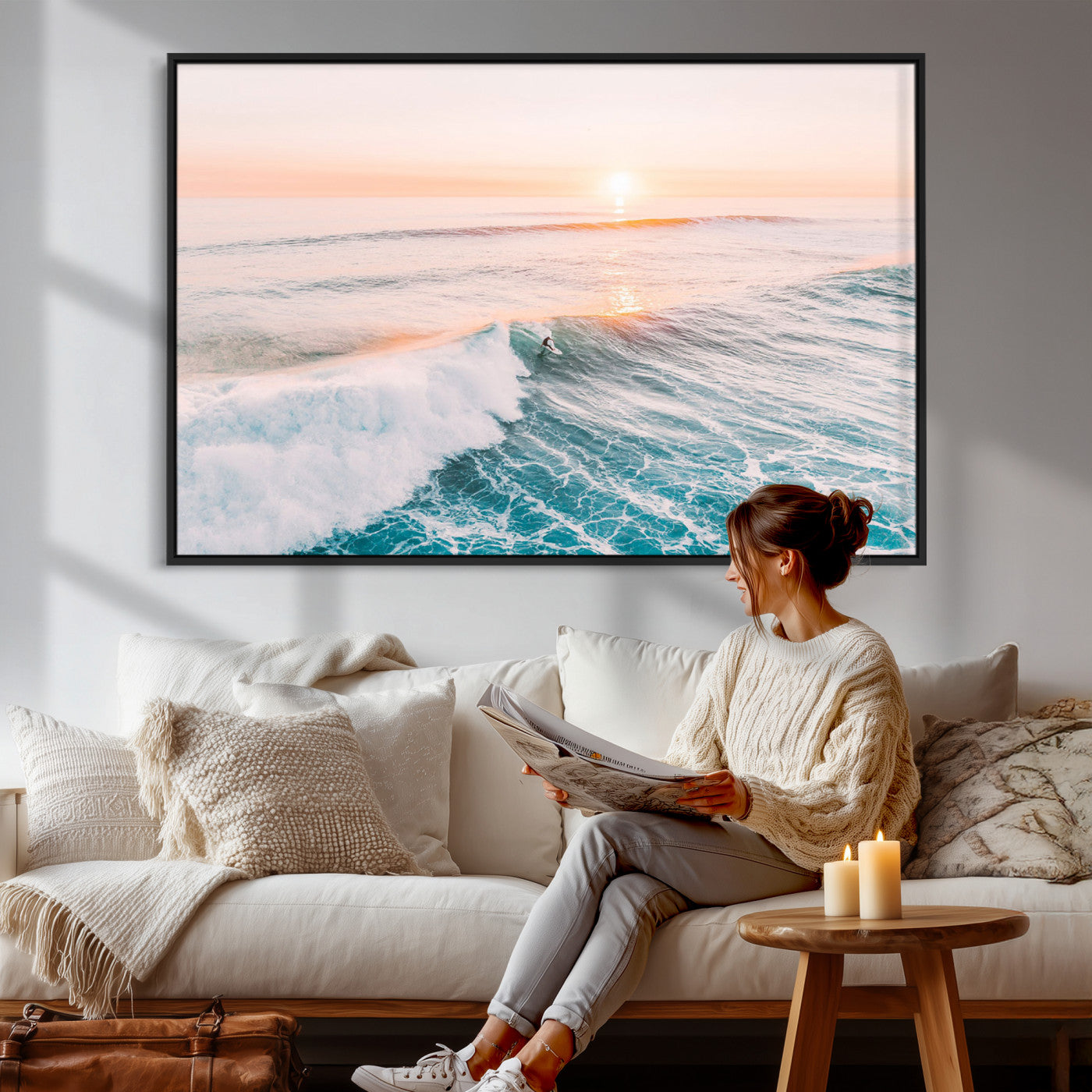34064591-MGV-CV-36X24 - Sunset Surfing Wall Art Canvas Print, Ocean Wave Surfer with Golden Sky Artwork for Home, Office, Living Room