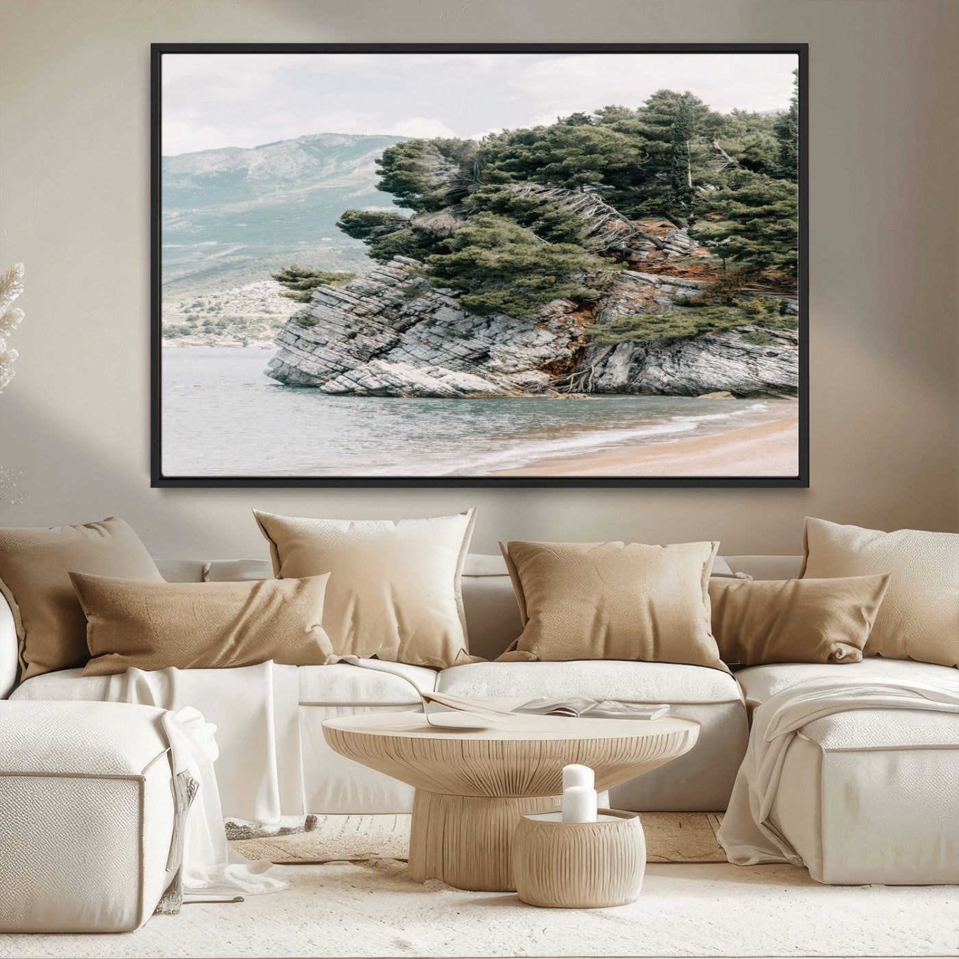 MGV-FC-36X24 - Coastal Rock Canvas Wall Art Print, Scenic Beach Landscape, Pine Trees on Rocky Cliff, Large Nature