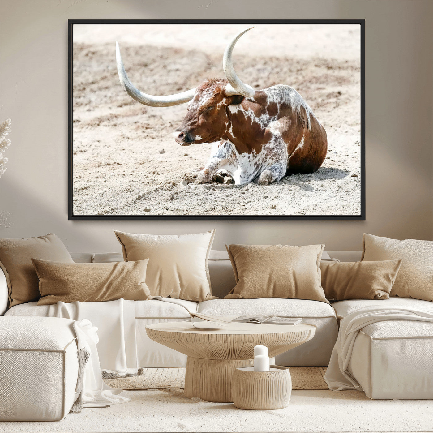 MGV-FC-36X24 - Majestic Longhorn Resting on Sunlit Desert Ground – Striking Western-Themed Wall Art Canvas Print