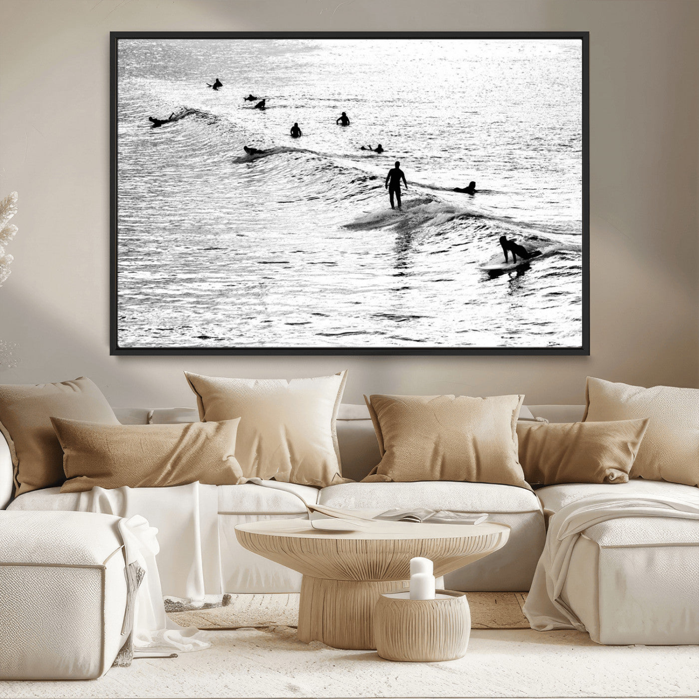 MGV-FC-36X24 - Black and White Surfers Riding Gentle Ocean Waves – Minimalist Coastal Photography Wall Art Canvas