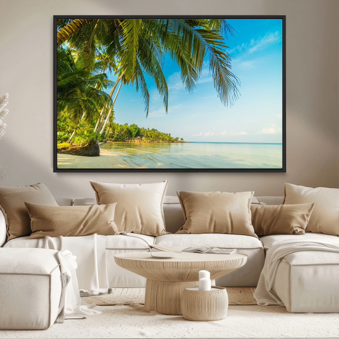 MGV-FC-36X24 - Peaceful Tropical Beach with Palm Trees and Calm Blue Sea – Serene Coastal Wall Art Canvas Print for