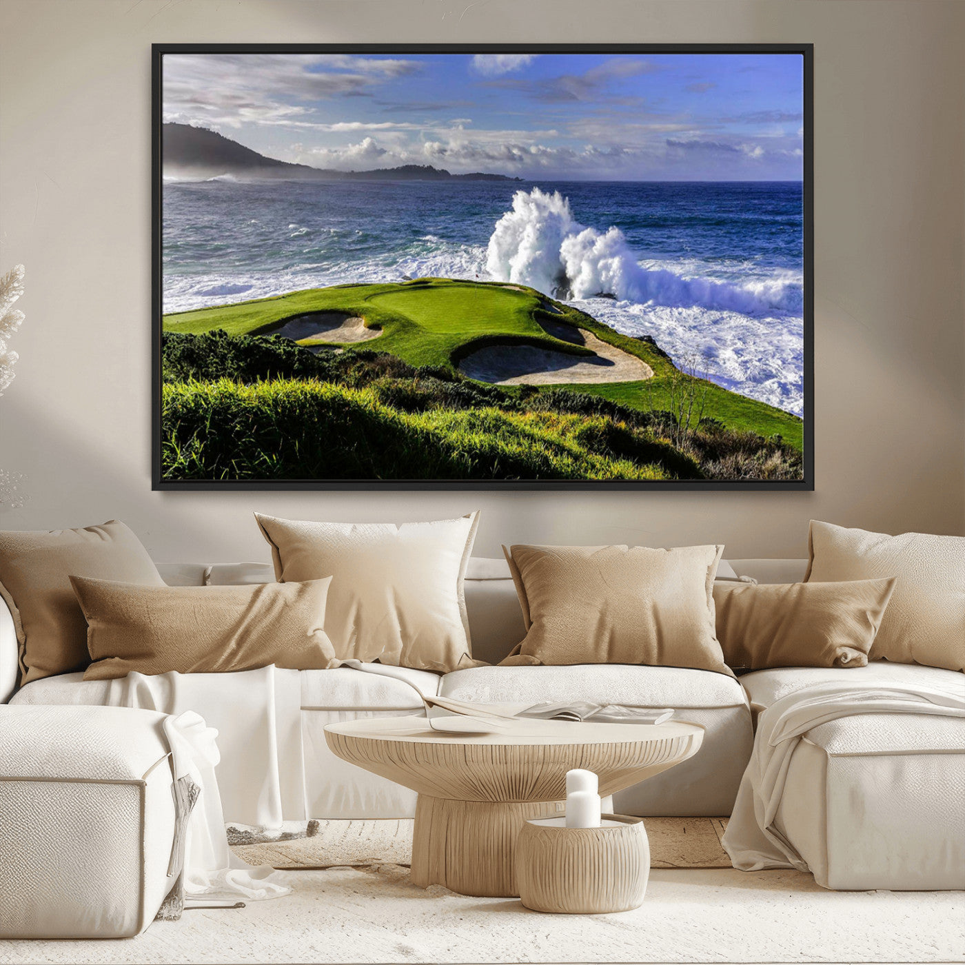 -Dramatic Ocean Waves Crashing Against Rocky Coastline Near a Green Golf Course – Stunning Wall Art