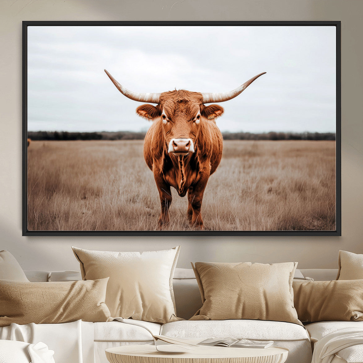16316734-MGV-FC-36X24 - Longhorn bull, open field, rustic charm, natural beauty, Wall Art Canvas Print, countryside,