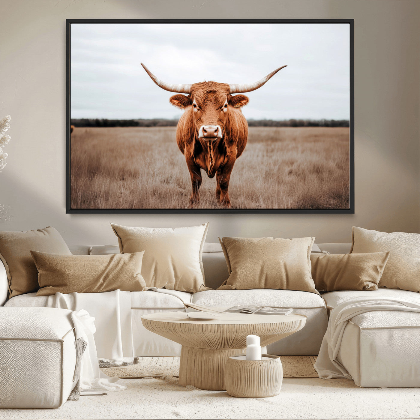 MGV-FC-36X24 - Longhorn bull, open field, rustic charm, natural beauty, Wall Art Canvas Print, countryside,