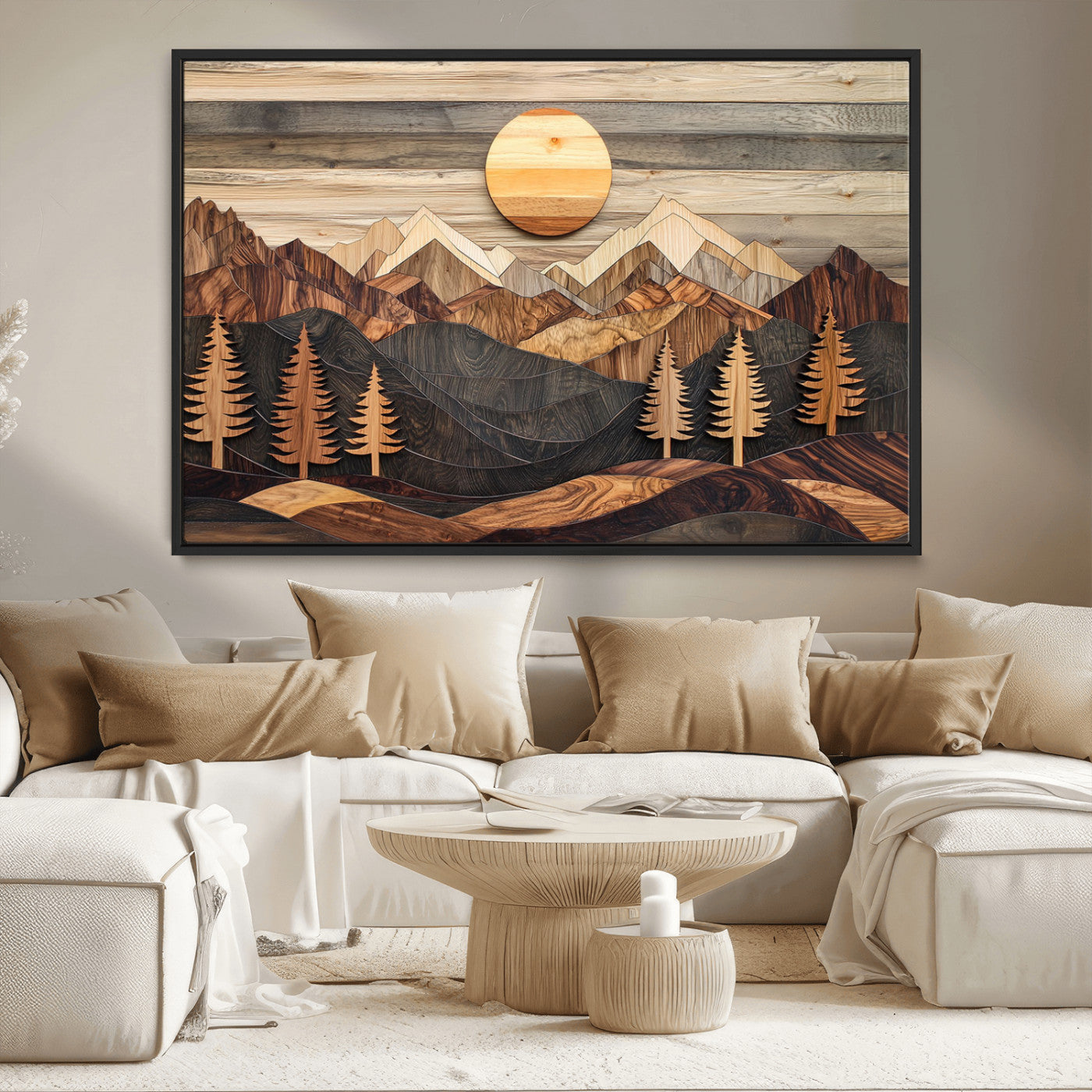 MGV-FC-36X24 - Wooden Mountain Layers Canvas Wall Art – Rustic Pine Tree Landscape with Sunlight Artistic Nature
