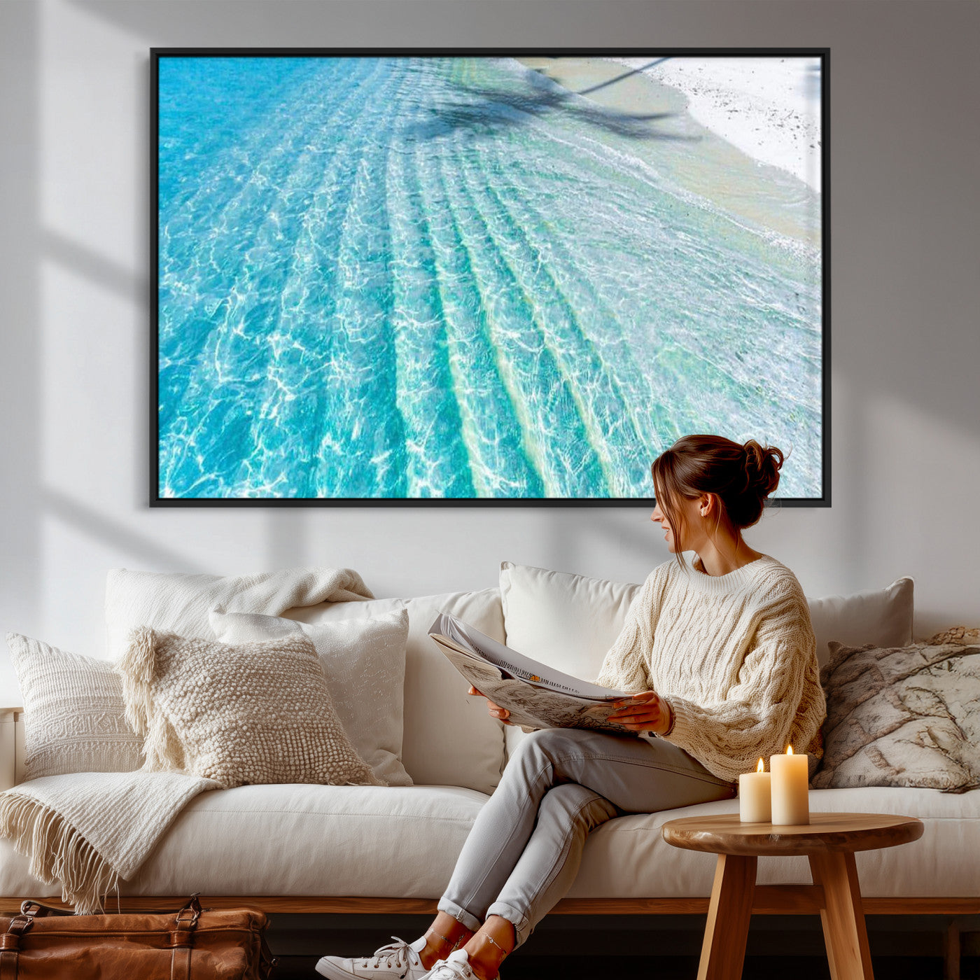 46233906-MGV-CV-36X24 - Serene Clear Blue Ocean Water Canvas Wall Art – Soft White Sand Shore Coastal Print for Home Decor, Relaxation, and Tranquil Vibes