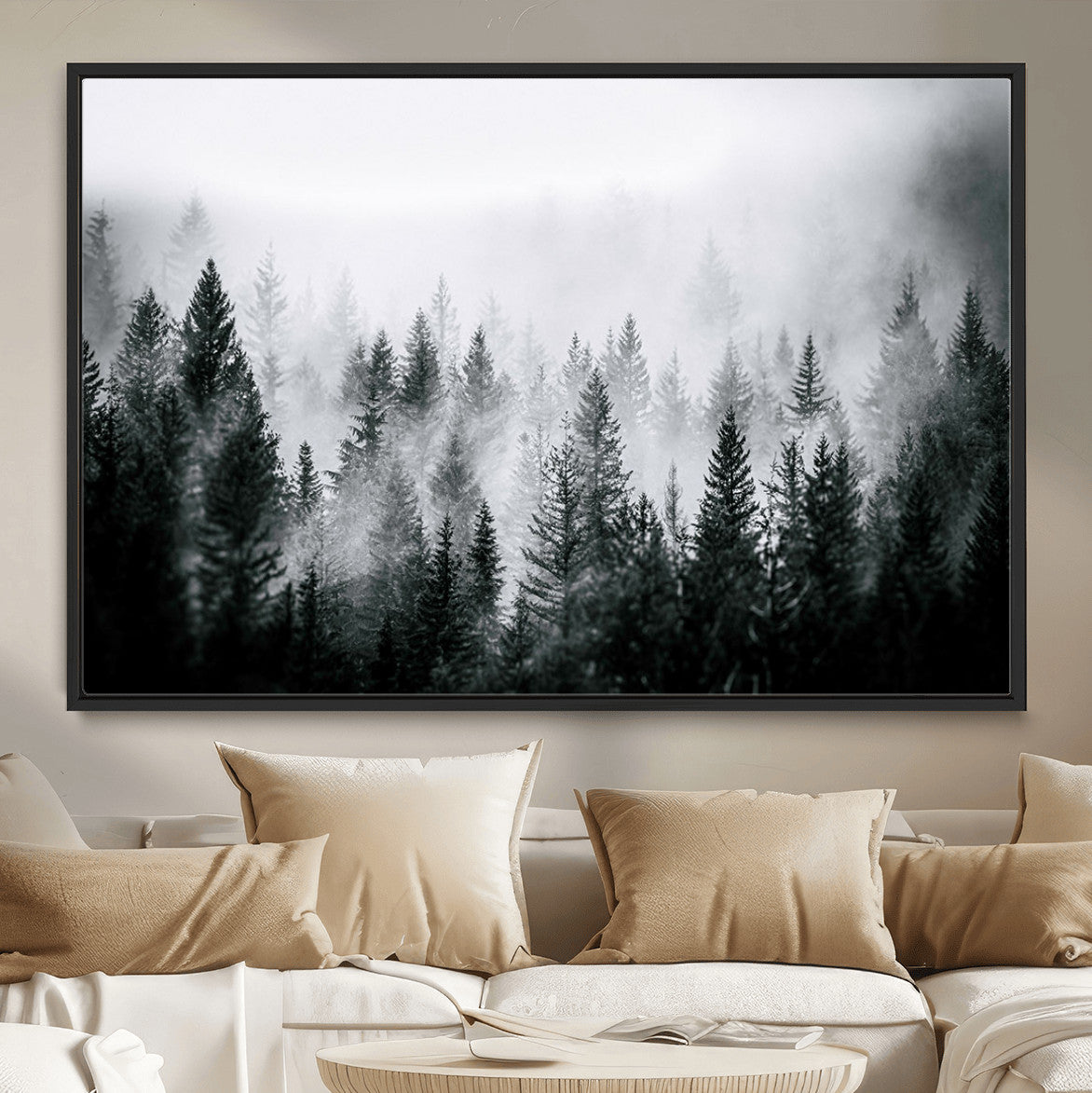 87750525-MGV-CV-36X24-Foggy Pine Forest Wall Art – Black White Nature Landscape Canvas Artwork, Misty Trees Design, Modern Decor for Home, Office