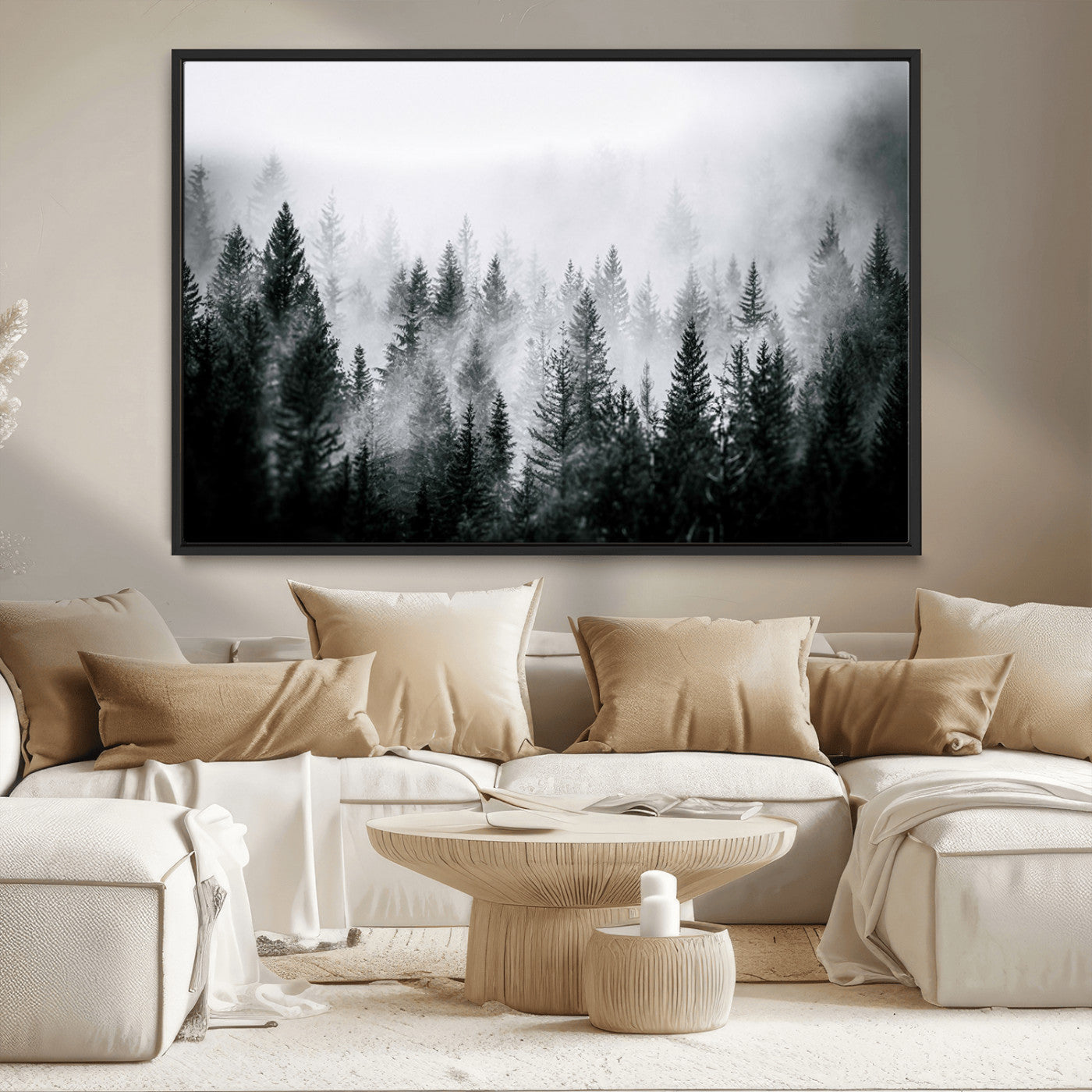 MGV-FC-36X24 - Foggy Pine Forest Canvas Wall Art, Horizontal Black and White Nature Landscape Print for Modern,