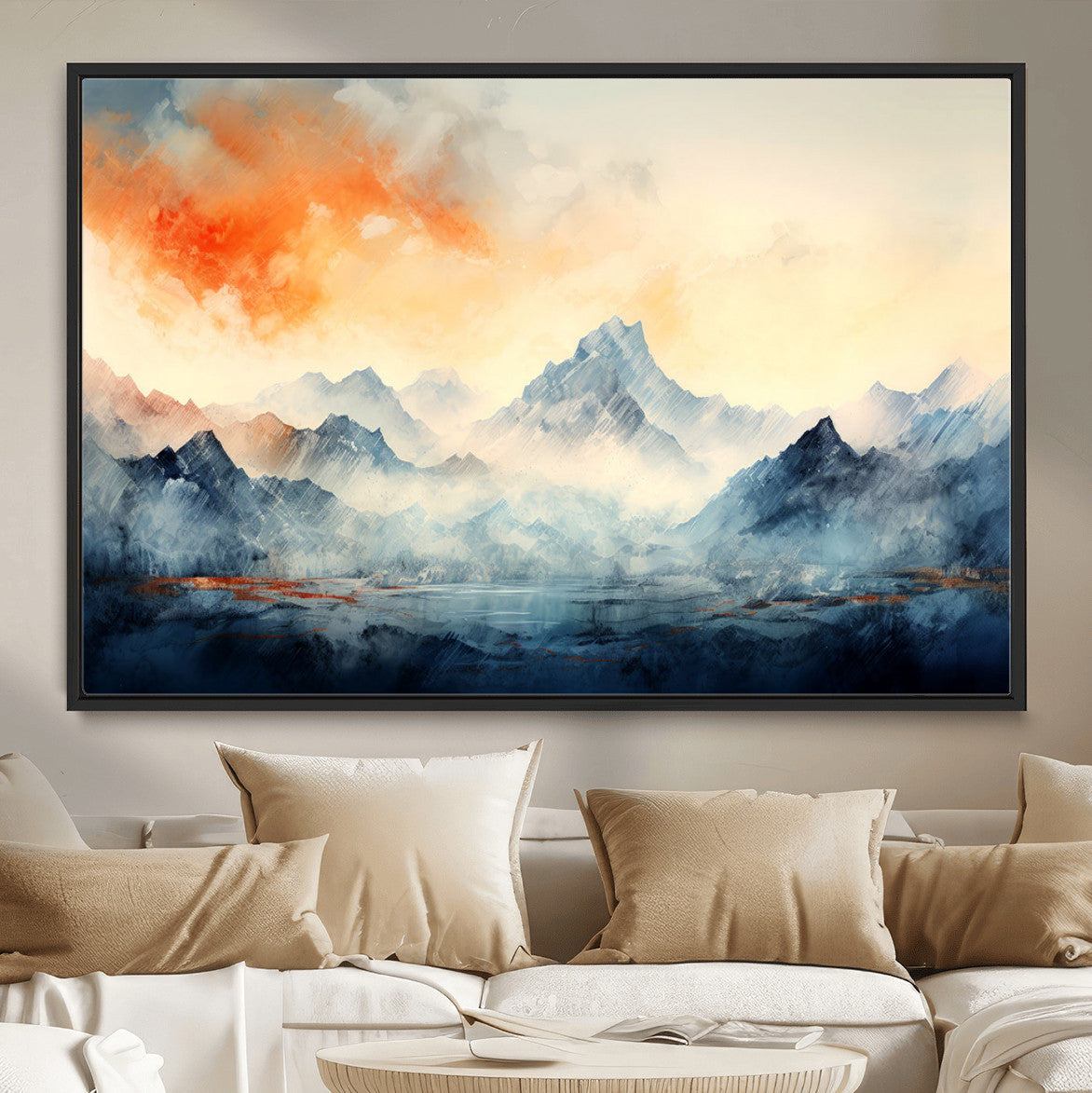 WRM1005-MGV-FC-36X24 - Warm Clouds Abstract Mountain Wall Art, Modern Landscape Canvas Print, Minimal Framed Artwork for Home, Office