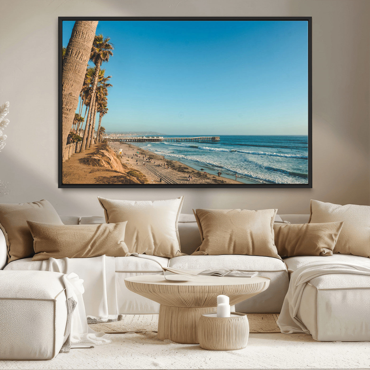 MGV-FC-36X24 - Scenic Beach with Tall Palm Trees, Sandy Shore, and Long Pier Stretching into the Calm Ocean Under