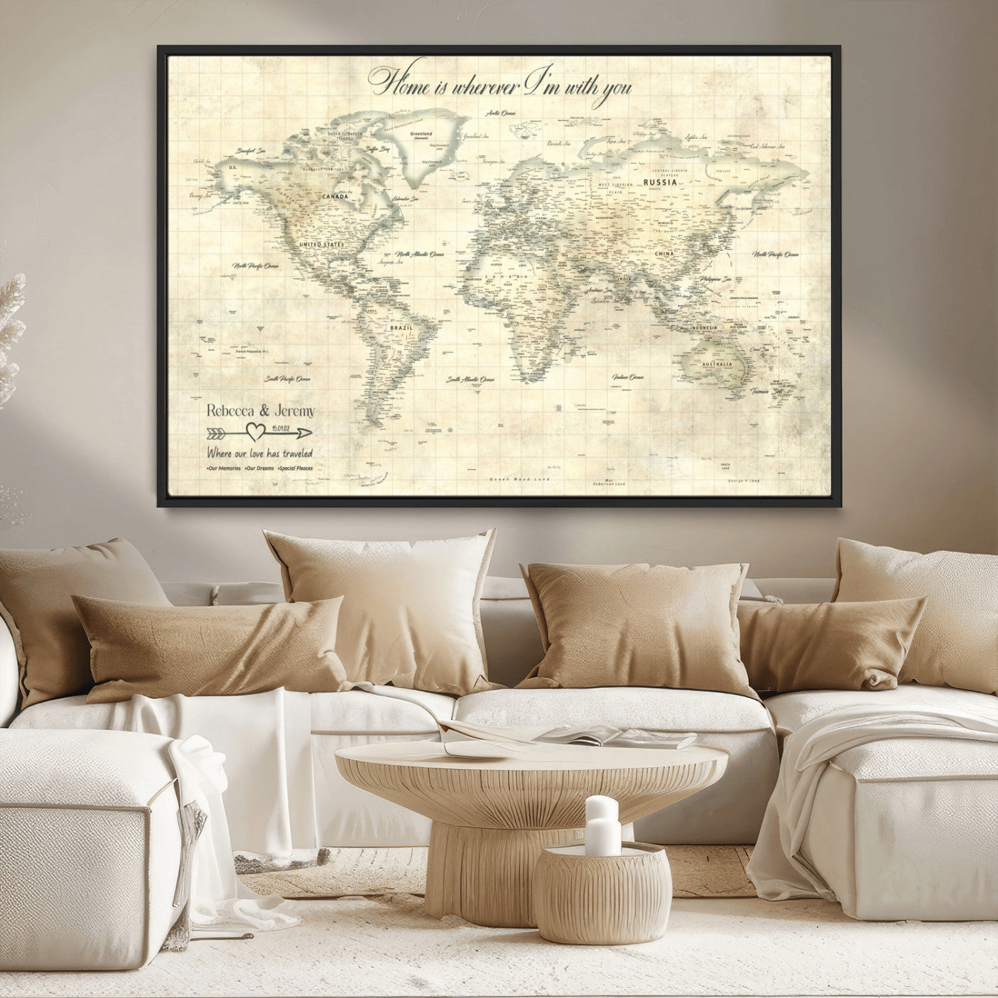 MGV-FC-36X24 - Personalized World Map Wall Art Canvas Print – Custom Push Pin Travel Map for Couples, Families, or Office Décor