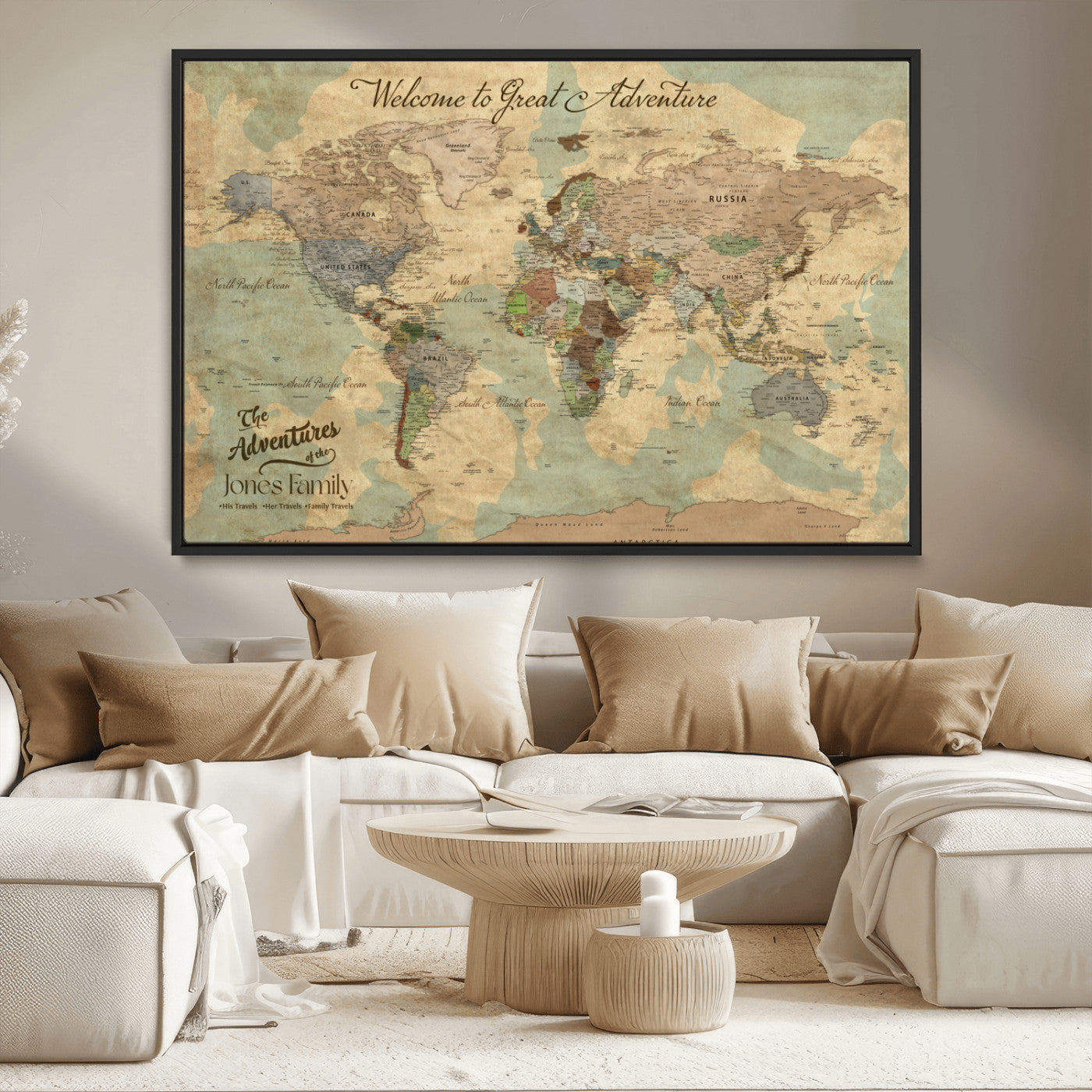 MGV-FC-36X24 - Personalized World Map Wall Art Canvas Print – Custom Push Pin Travel Map for Couples, Families, or Office Décor