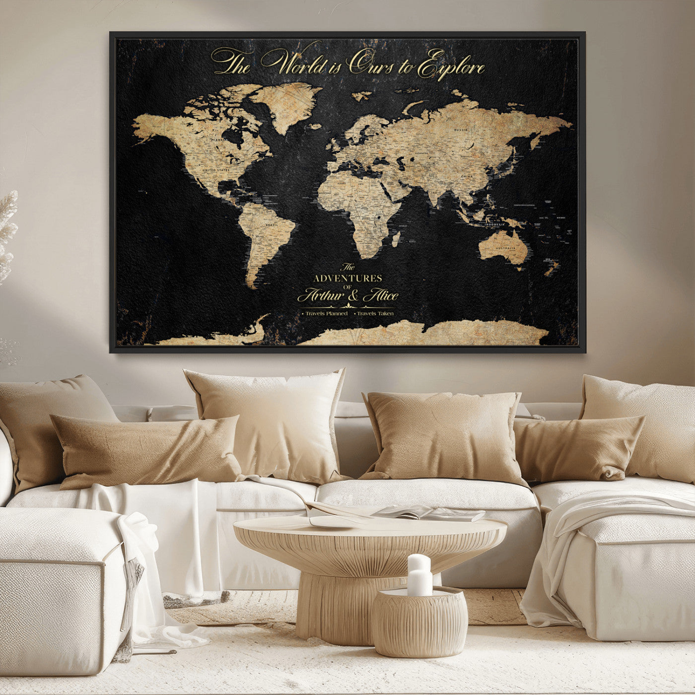 MGV-FC-36X24 - Personalized World Map Wall Art Canvas Print – Custom Push Pin Travel Map for Couples, Families, or Office Décor