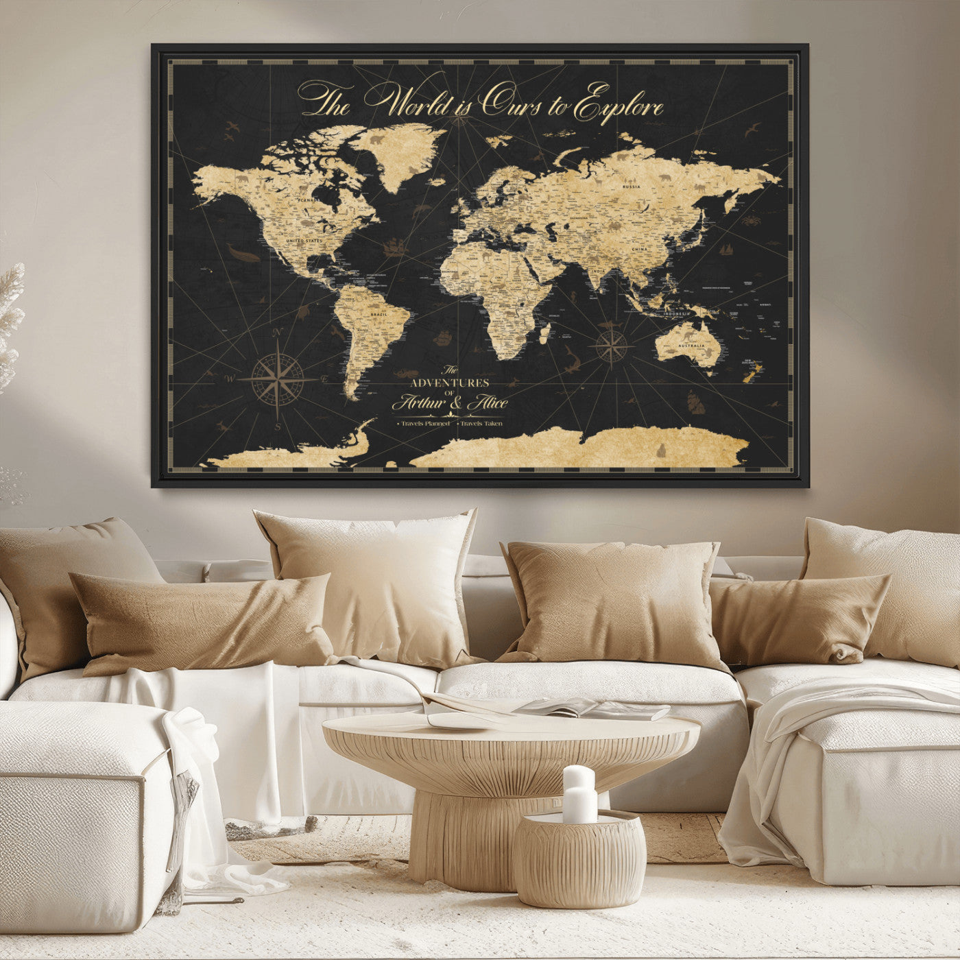 MGV-FC-36X24 - Personalized World Map Wall Art Canvas Print – Custom Push Pin Travel Map for Couples, Families, or Office Décor