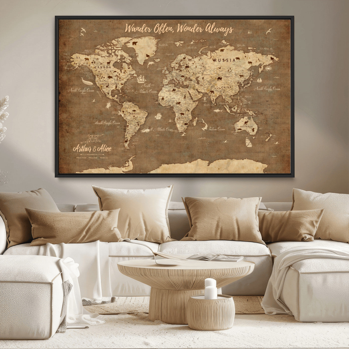 MGV-FC-36X24 - Personalized World Map Wall Art Canvas Print – Custom Push Pin Travel Map for Couples, Families, or Office Décor