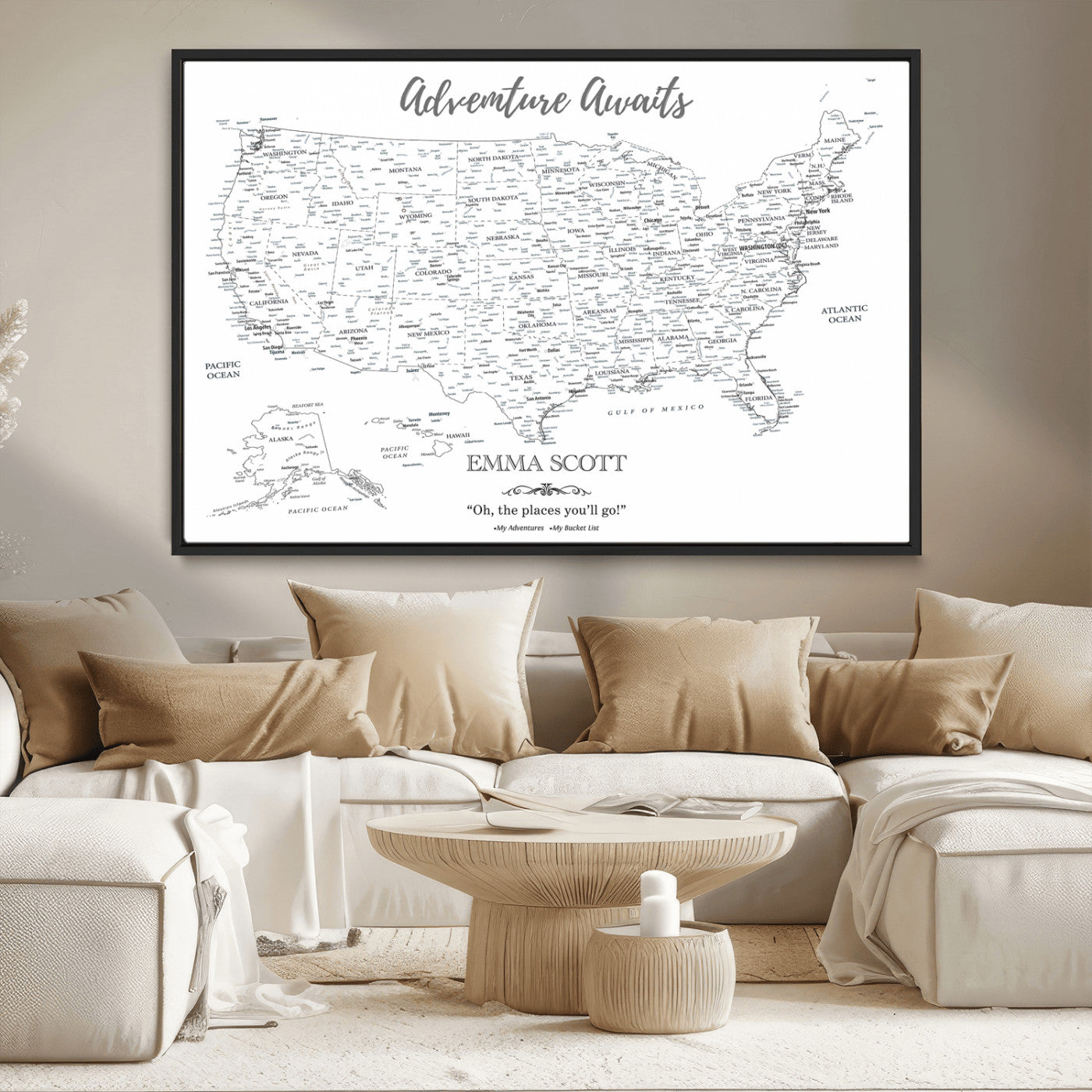 MGV-FC-36X24 - Personalized US Map Wall Art Canvas Print – Custom Push Pin Travel United States US Map for Couples, Families, or Office Décor