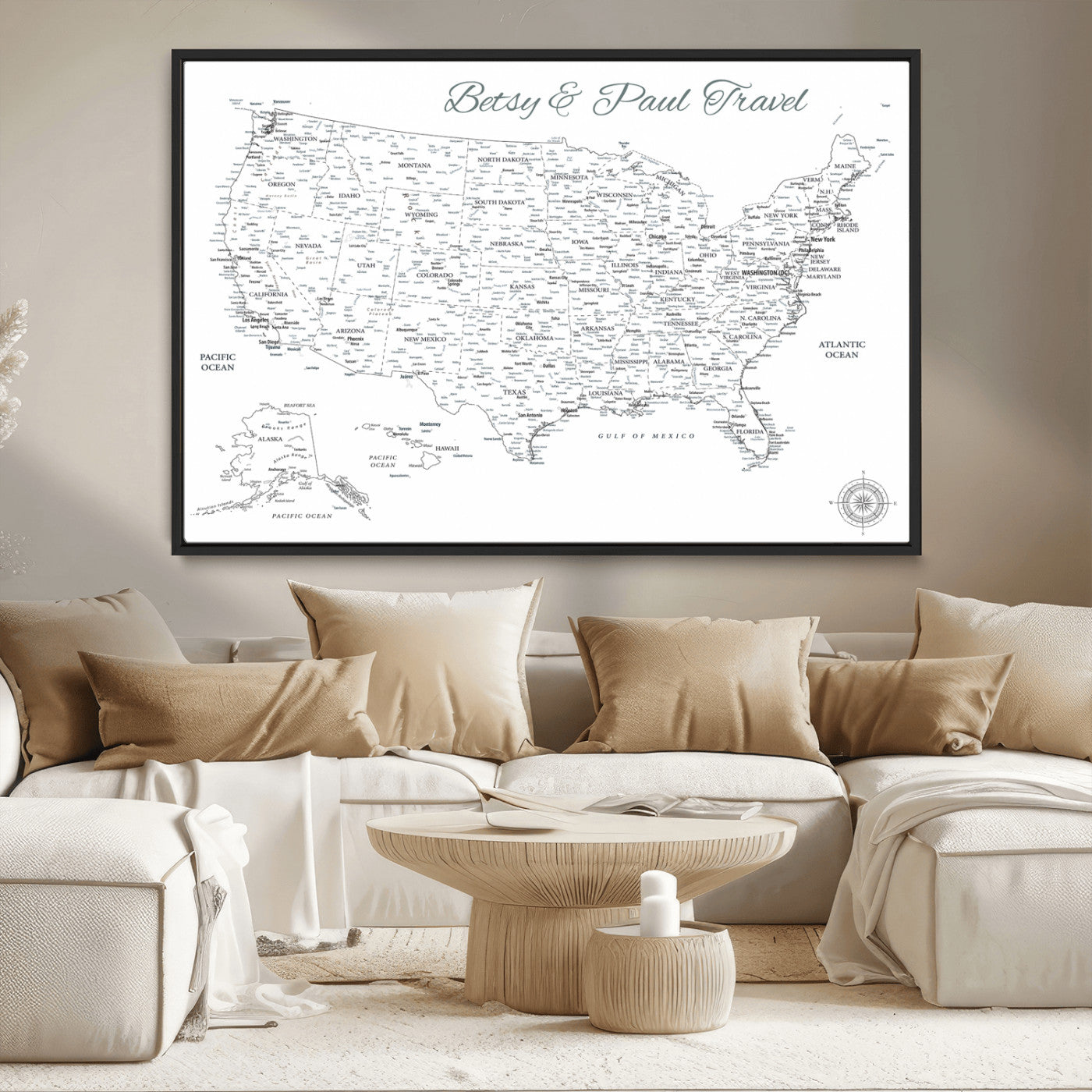 MGV-FC-36X24 - Personalized USA Map Wall Art Canvas Print – Custom Push Pin Travel American Map for Couples, Families, or Office Décor