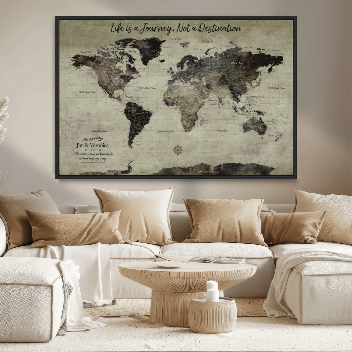 MGV-FC-36X24 - Personalized World Map Wall Art Canvas Print – Custom Push Pin Travel Map for Couples, Families, or Office Décor