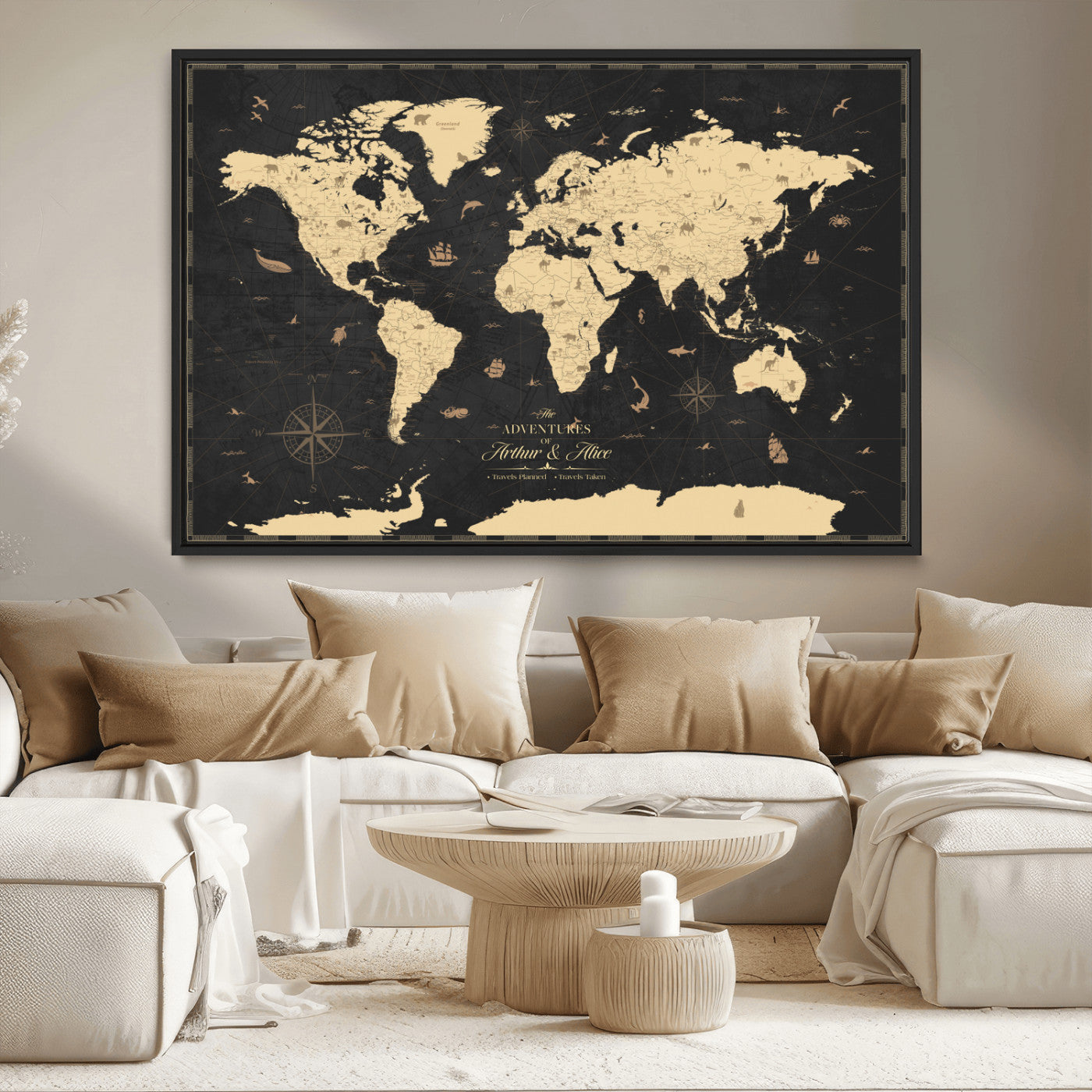 MGV-FC-36X24 - Personalized World Map Wall Art Canvas Print – Custom Push Pin Travel Map for Couples, Families, or Office Décor