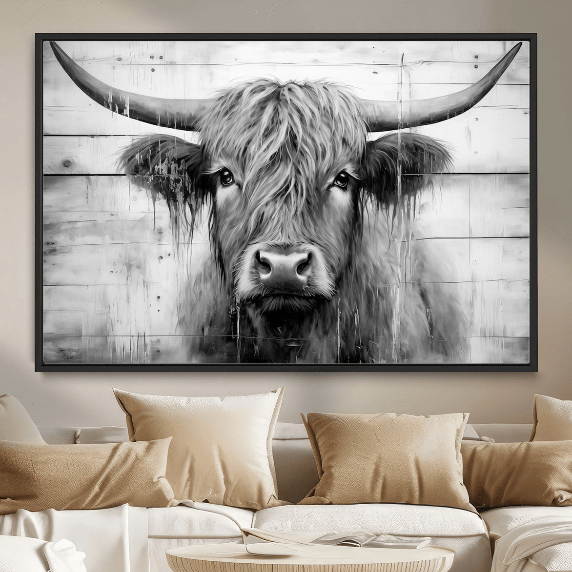 1001HASAN27-MGV-FC-36X24 - Black White Highland Cow Wall Art Canvas Print