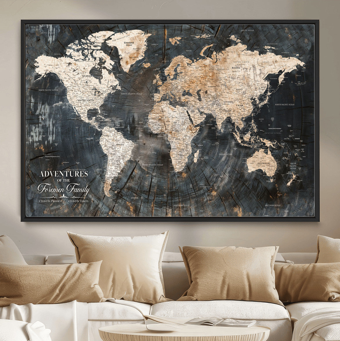 58265369-MGV-FC-36X24 - Customized Push Pin World Map Wall Art Canvas Print with Pins, Personalized Travel Tracker Map, Framed World Map for Living Room, Office and Home Decor