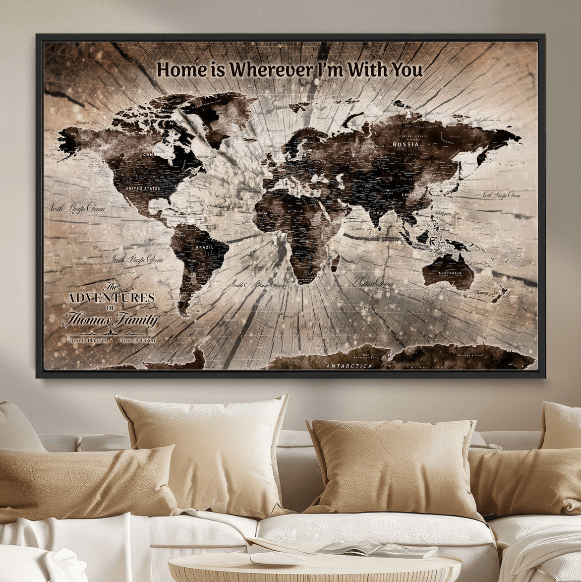 72371980-MGV-FC-36X24 - Personalized World Map Wall Art – Customizable Push Pin Framed Canvas Print Unique Travel Decor for Home, Office