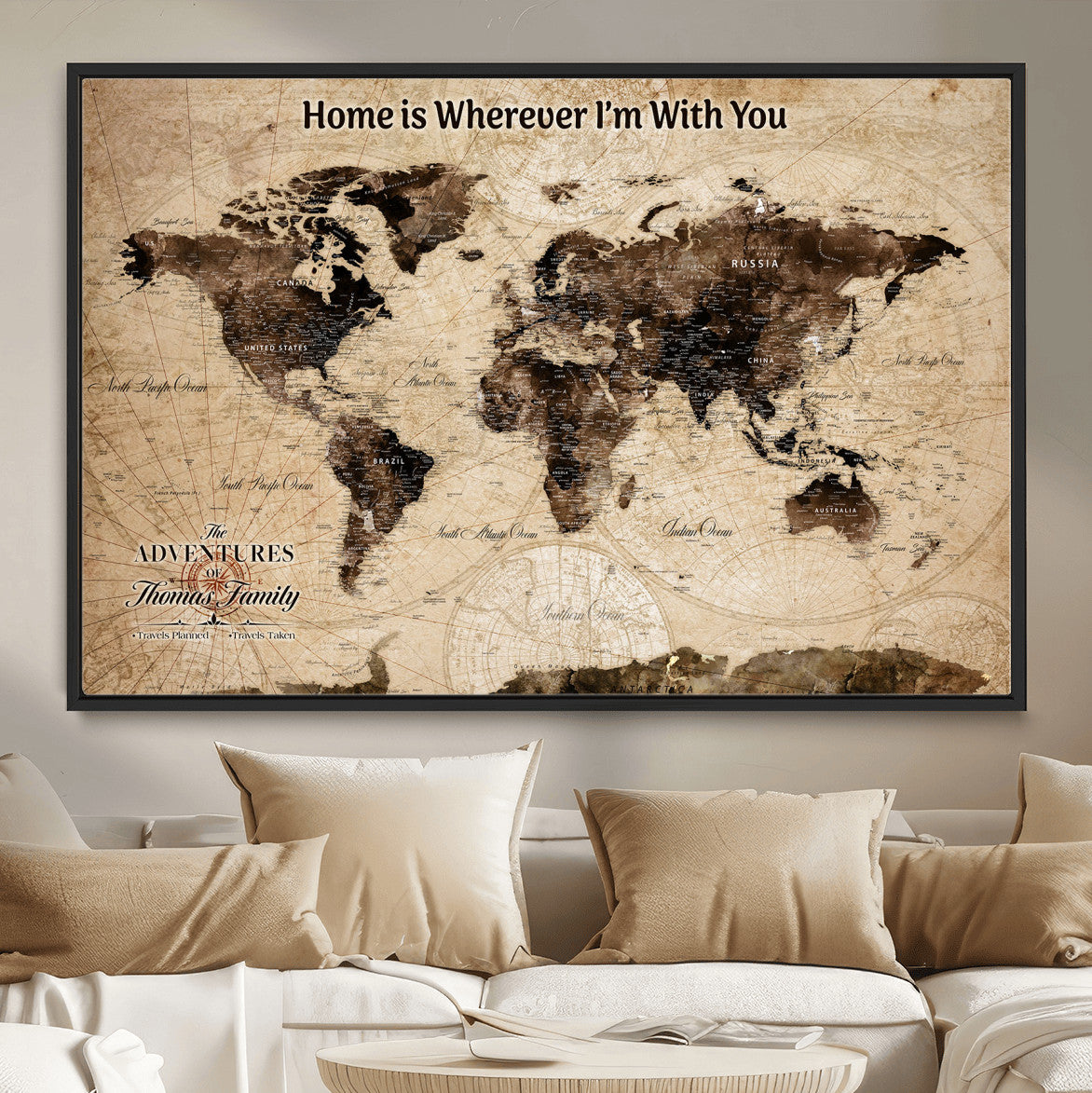 31398786-MGV-FC-36X24 - Personalized World Map Wall Art – Custom Framed Push Pin Travel Tracker Canvas Print Unique Gift for Home, Office