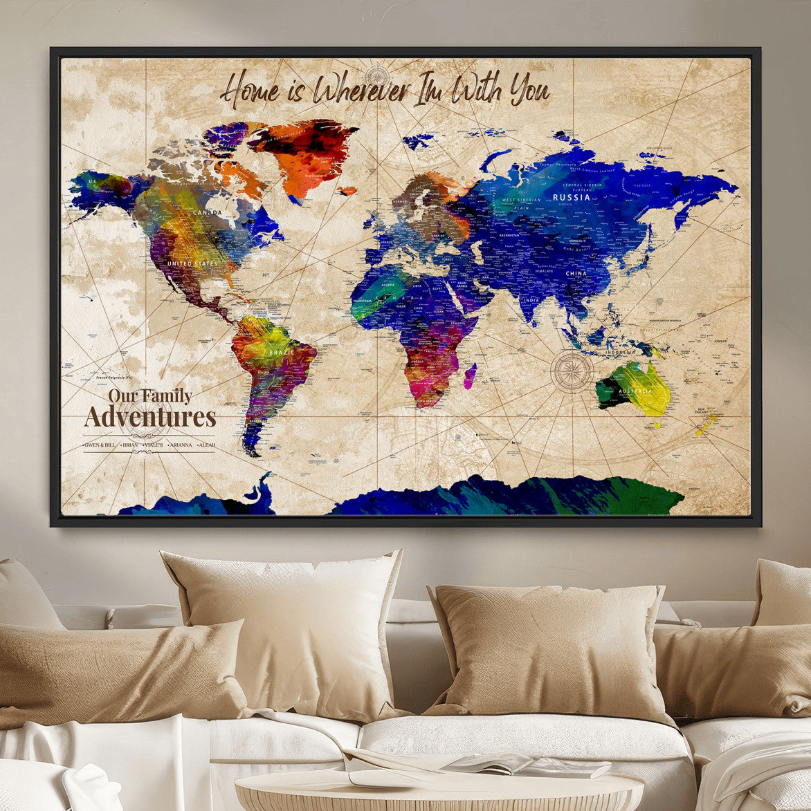 42795268-MGV-FC-36X24 - Personalized Push Pin World Map Canvas Print – Custom Adventure Travel Map, Framed Wall Art Gift for Couples or Family