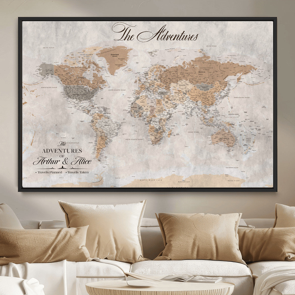 91774967-MGV-FC-36X24 - Personalized Push Pin World Map Canvas Print – Custom Framed Travel Tracker Artwork for Couples or Home Decor