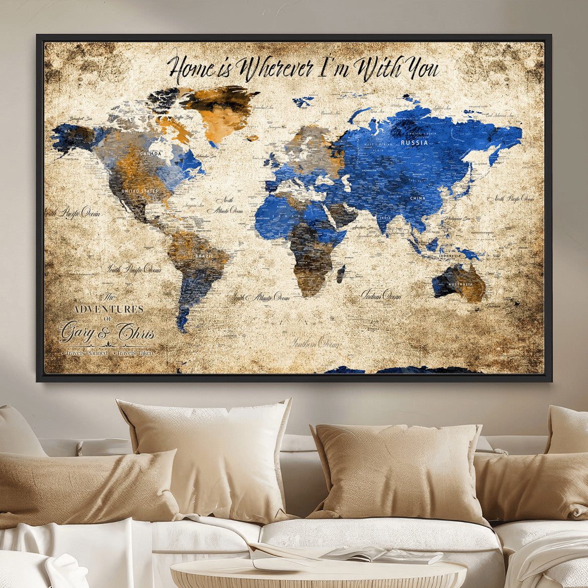 20854758-MGV-FC-36X24 - Personalized Push Pin World Map Canvas Print – Custom Framed Travel Tracker Artwork with Pins for Home and Office Decor