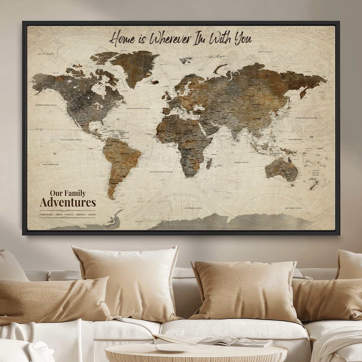 74684563-MGV-FC-36X24 - Custom Push Pin World Map Wall Art Canvas Print – Personalized Travel Tracker with Pins Framed Large for home, office