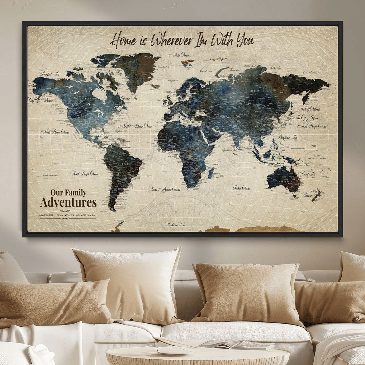 71188227-MGV-FC-36X24 - Personalized World Map Wall Art Canvas Print – Custom Push Pin Travel Map for Couples, Families, or Office Decor