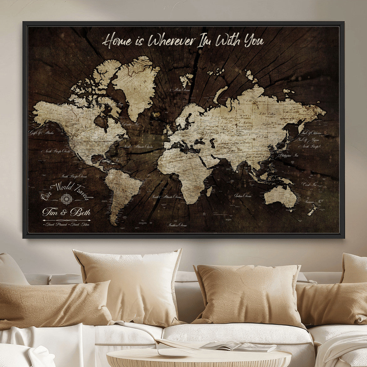 73781397-MGV-FC-36X24 - Personalized World Map Wall Art Canvas Print – Custom Push Pin Travel Map for Couples, Families, or Office Decor