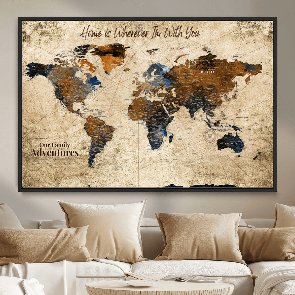 23631534-MGV-FC-36X24 - Customized Push Pin World Map Wall Art Canvas Print with Pins, Personalized Travel Tracker Map, Framed World Map for Living Room, Office and Home Decor