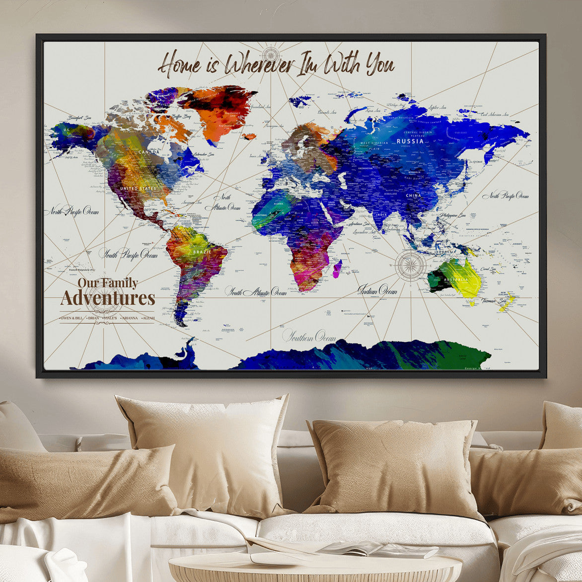 74686301-MGV-FC-36X24 - Customized Push Pin World Map Wall Art Canvas Print with Pins, Personalized Travel Tracker Map, Framed World Map for Living Room, Office and Home Decor