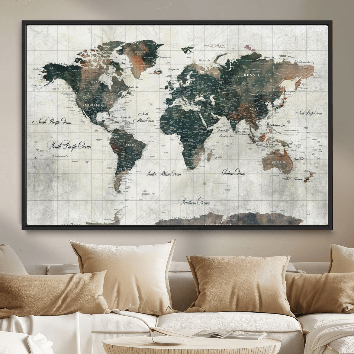 90149079-MGV-FC-36X24 - World Map Wall Art Canvas Print, Modern Decorative Framed Map Artwork Prints for Living Room, Office, Bedroom Wall Decor