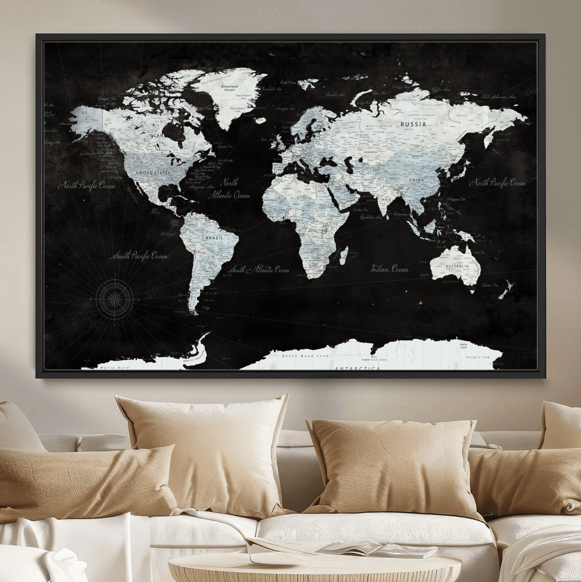 30759283-MGV-FC-36X24 - World Map Wall Art Canvas Print, Modern Decorative Framed Map Artwork Prints for Living Room, Office, Bedroom Wall Decor