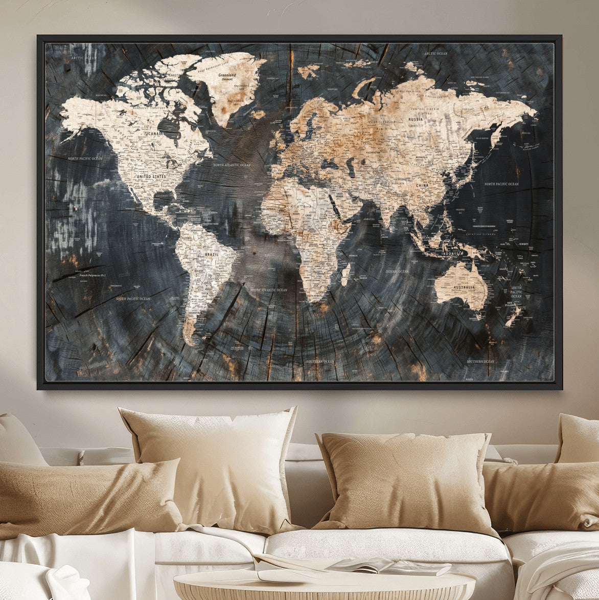 57626704-MGV-FC-36X24 - World Map Wall Art Canvas Print, Modern Decorative Framed Map Artwork Prints for Living Room, Office, Bedroom Wall Decor