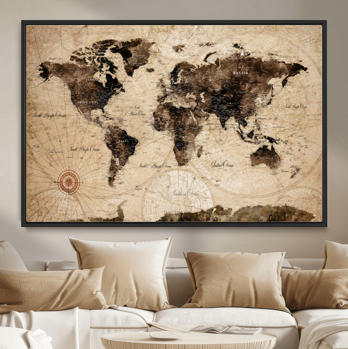 97114757-MGV-FC-36X24 - Vintage World Map Wall Art Canvas Print, Modern Decorative Framed Map Artwork Prints for Living Room, Office, Bedroom Wall Decor
