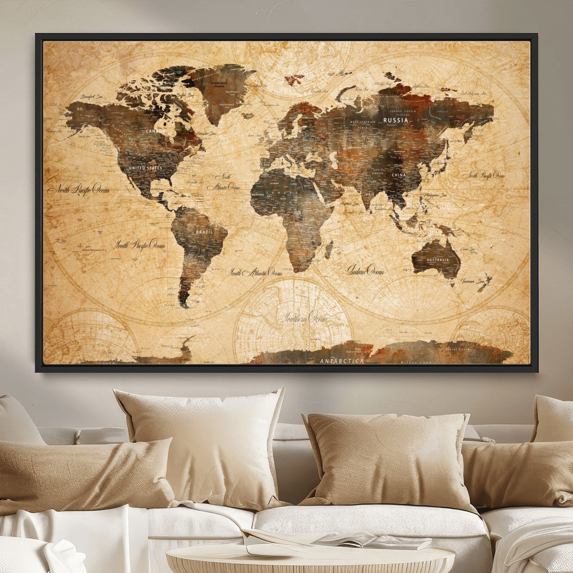 14542905-MGV-FC-36X24 - World Map Wall Art Canvas Print, Modern Decorative Framed Map Artwork Prints for Living Room, Office, Bedroom Wall Decor