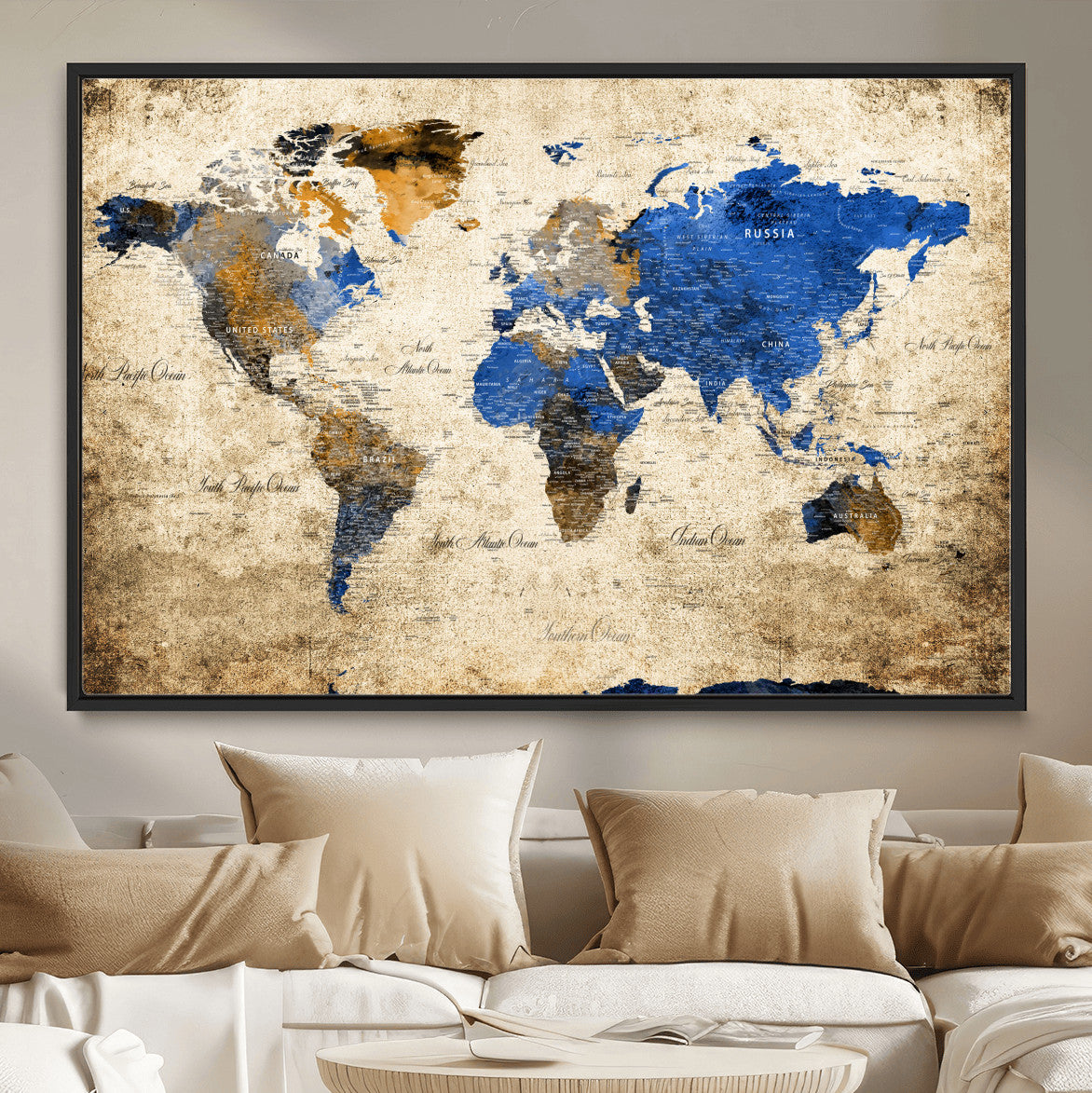 13564339-MGV-FC-36X24 - World Map Wall Art Canvas Print, Modern Decorative Framed Map Artwork Prints for Living Room, Office, Bedroom Wall Decor