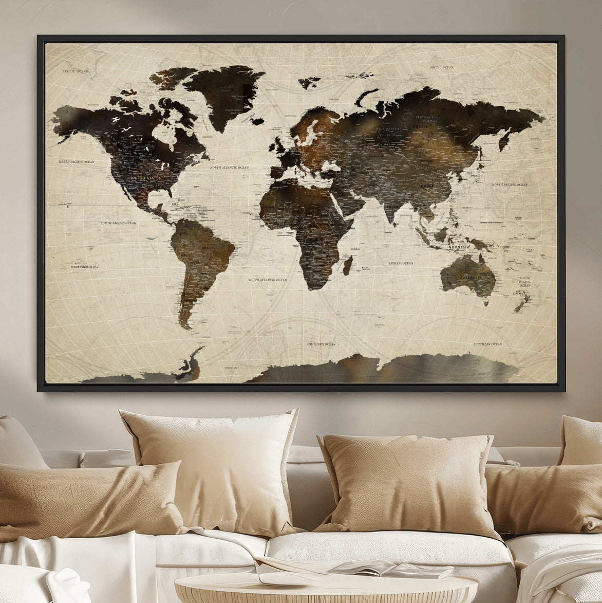 81771296-MGV-FC-36X24 - World Map Wall Art Canvas Print, Modern Decorative Framed Map Artwork Prints for Living Room, Office, Bedroom Wall Decor